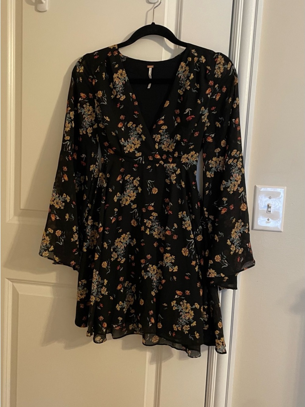 Free People Black Floral Long-Sleeve Wrap Dress with Yellow & Red Accents